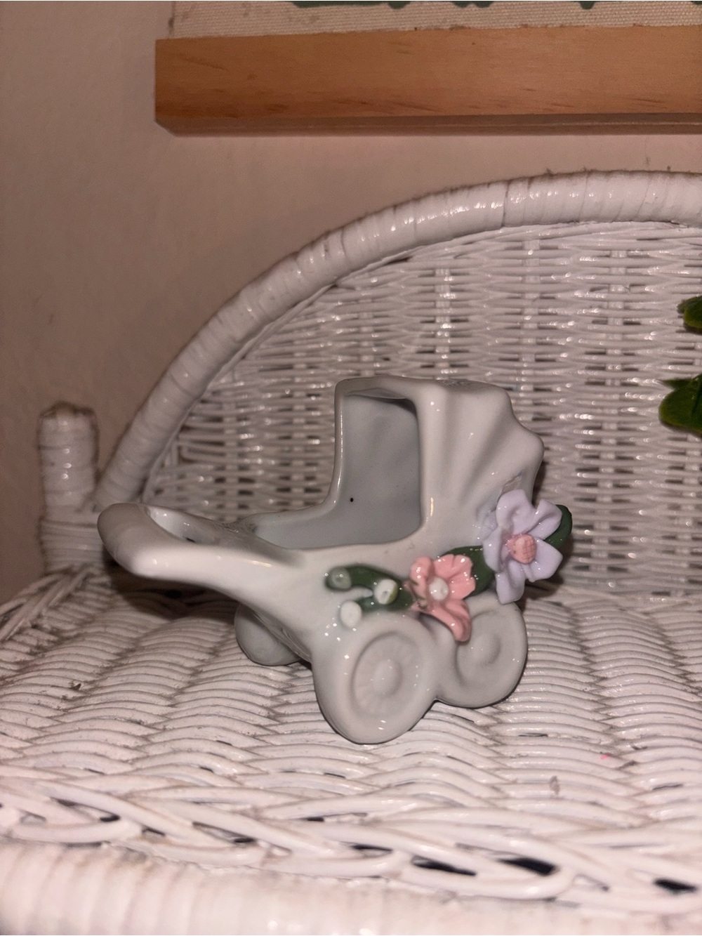 Porcelain Baby Carriage Figurine with Pink & Lavender Flowers